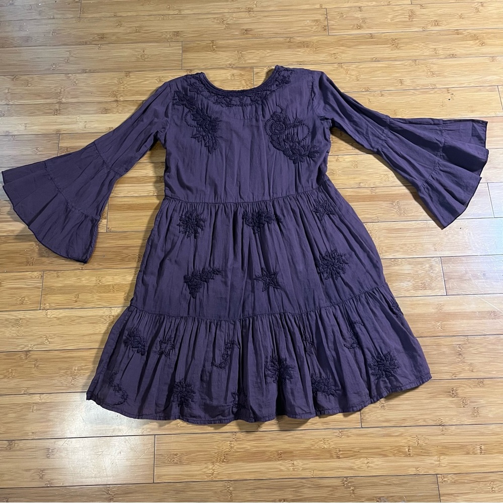 Kyla Seo Ula Bell Sleeve Embroidered Cotton Whimsigoth Mini Dress - Oxblood - Picture 4 of 14